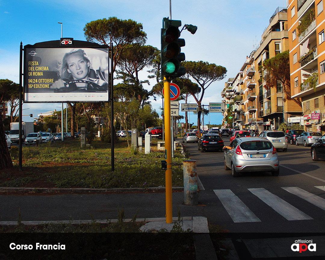 Pubblicità Festa del Cinema di Roma 2021 a Corso Francia, su cartellone pubblicitario di APA.