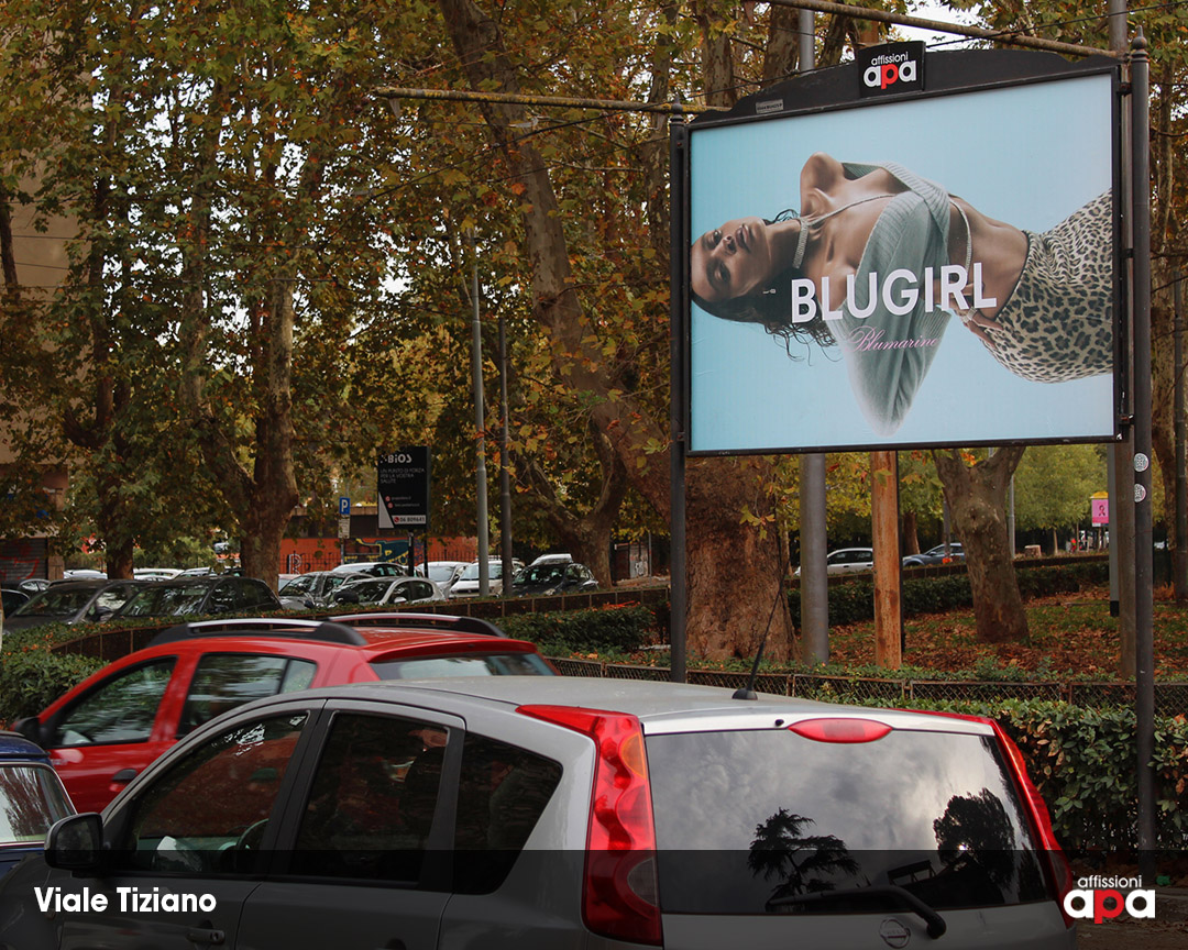 Pubblicità Blugirl su affissione APA 3x2 a Roma in Viale Tiziano.