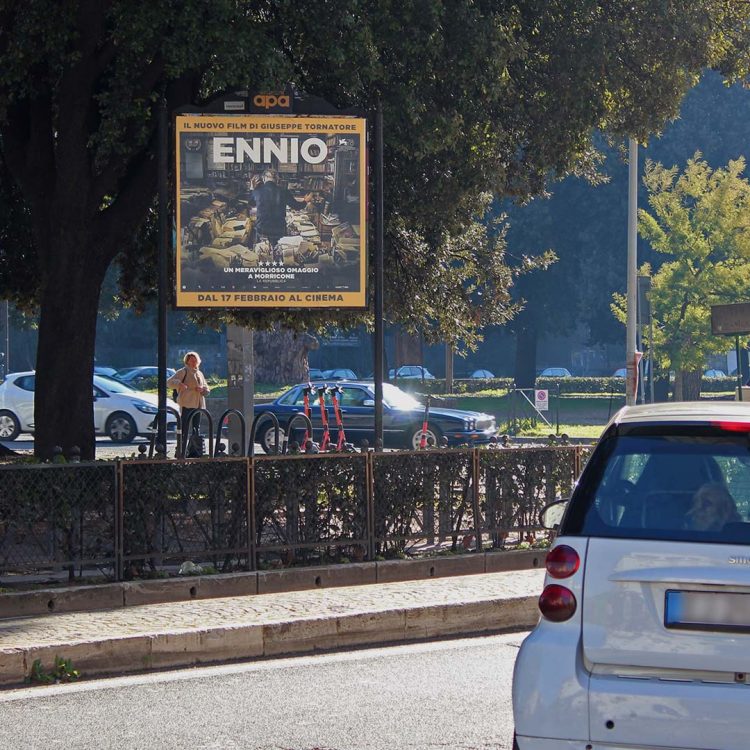 Affissione 2x2 con pubblicità film Ennio di Lucky Red, in Via Flaminia nel quartiere Flaminio di Roma.